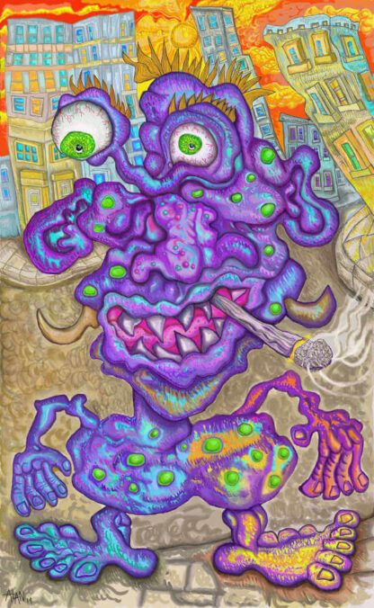 Purple monster with tusks and green spots