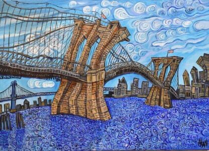 Brooklyn Bridge with blue swirling water